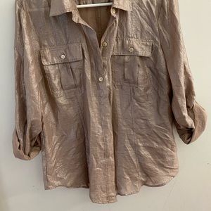 Calvin Klein Women’s Tops Gold Metallic Sheer Button Up. Size- M